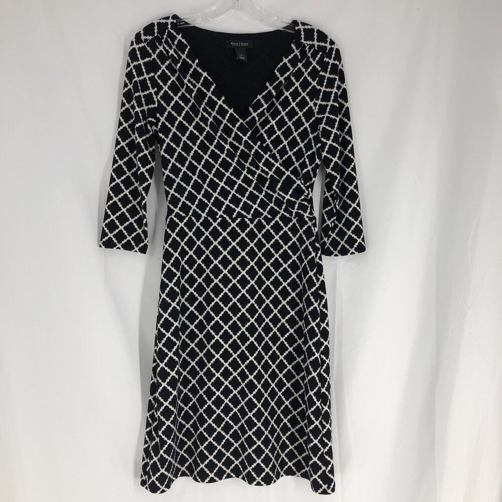 White House Black Market Faux Wrap Dress Black White Geometric 3/4 Sleeve Size 2